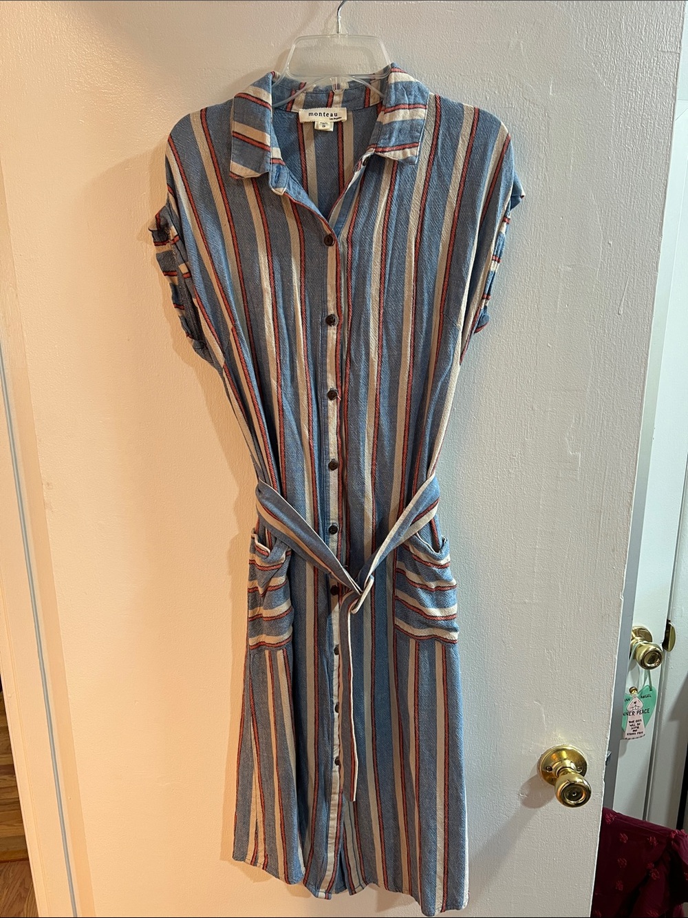 MONTEAU‎ Striped Button Front Midi Shirt Dress with Belt Size S